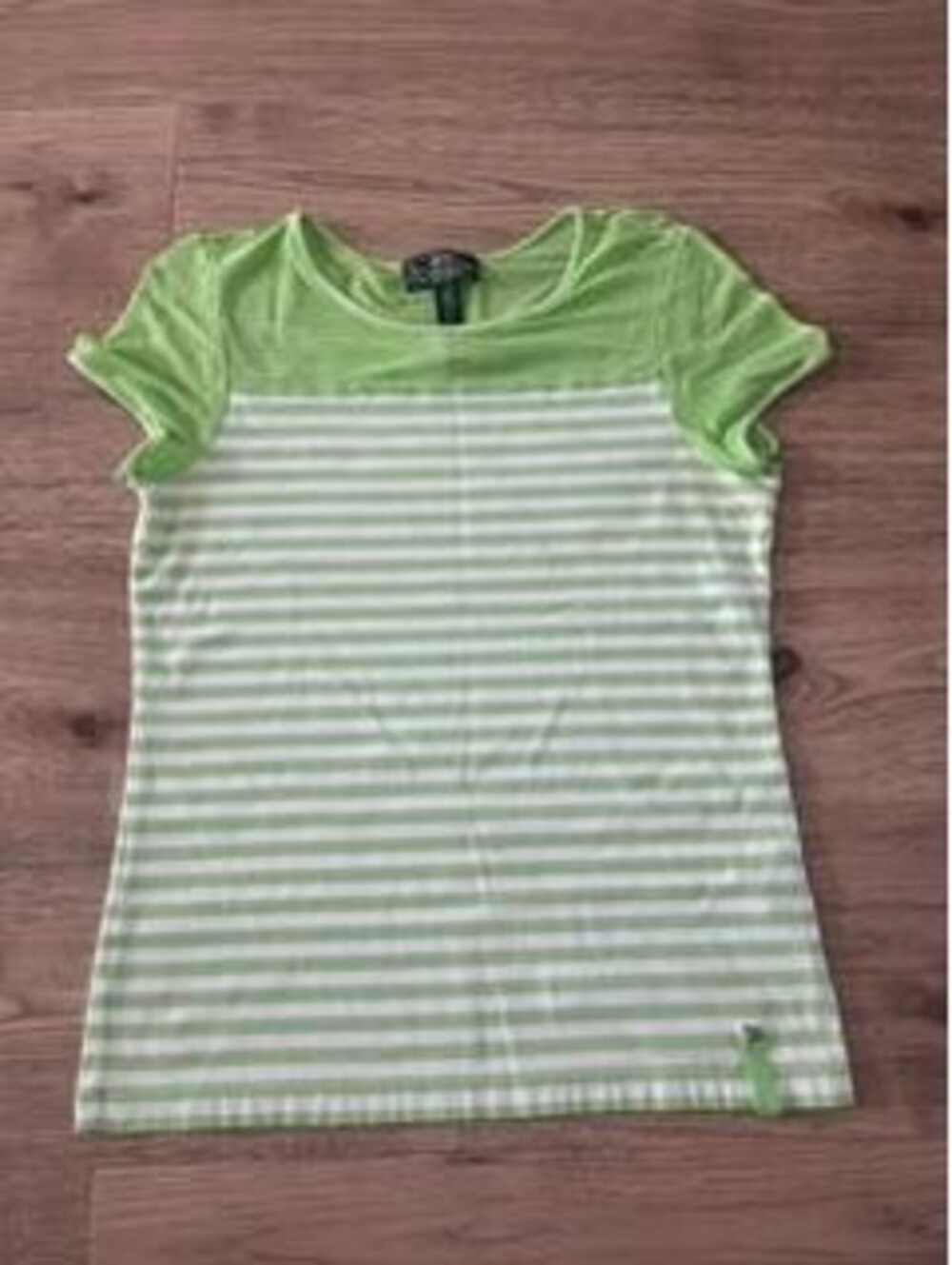 Lauren Ralph Lauren Womens Medium Green White Striped Mesh Yoke T-Shirt